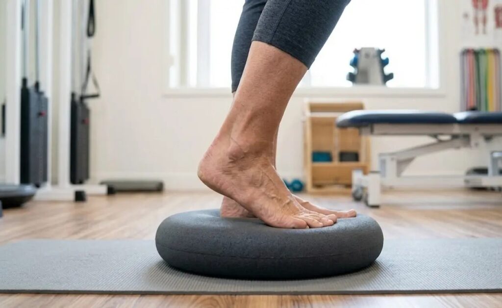 A patient doing single leg stance on a cushion as part of ankle sprain rehab in Indore at Dr Manisha Physiotherapy Clinic.
