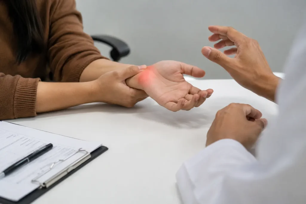 Dr Manisha Mishra performing a hands-on wrist and hand assessment as part of wrist pain physiotherapy in Indore, checking for signs of nerve compression and tendon irritation